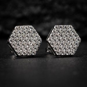 Mens Hexagon White Gold 925 Sterling Silver Honey Comb Set Cluster Stud Earrings